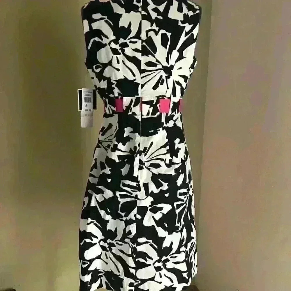 vtg R & K deadstock black and white flowers pink sachet dress labeled womens 6 - Picture 7 of 7